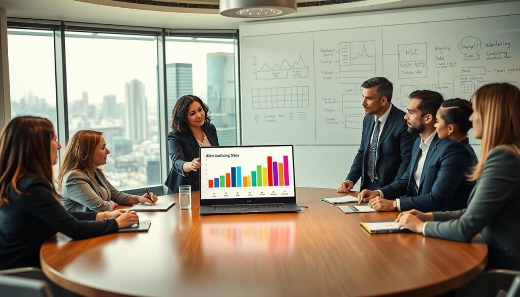 A professional meeting room, elegantly designed, featuring a large round table with diverse business professionals (mixed genders and ethnicities) engaged in a collaborative discussion. In the foreground, a woman in a smart blazer points to a colorful chart displayed on a laptop, symbolizing aligning marketing and sales strategies. Beside her, a man with a notepad is taking notes, looking attentive. In the middle ground, a glass window reveals a bustling city skyline, indicating a vibrant business environment. The background features a modern whiteboard filled with strategic plans and brainstorming ideas. The atmosphere is focused and energetic, with soft, natural lighting illuminating the room, suggesting a hopeful and productive mood. The image captures the essence of teamwork and growth in a corporate setting.
