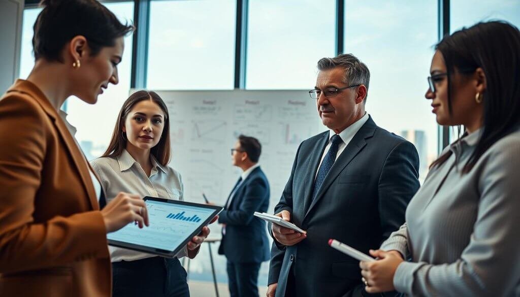 A professional meeting room focused on construction management, featuring a diverse group of four individuals engaged in discussion. In the foreground, a confident female project manager in professional attire gestures towards a digital tablet displaying project metrics. Beside her, a well-dressed middle-aged man in a suit takes notes. In the middle, a whiteboard filled with complex diagrams and project timelines adds depth to the scene, while a large window in the background reveals a city skyline, bathed in natural light. Soft, ambient lighting creates a warm atmosphere, emphasizing collaboration and problem-solving. The angle is slightly elevated, offering a clear view of the team interacting. Overall, the image conveys a sense of professionalism, teamwork, and the importance of targeted communication in managing construction projects.