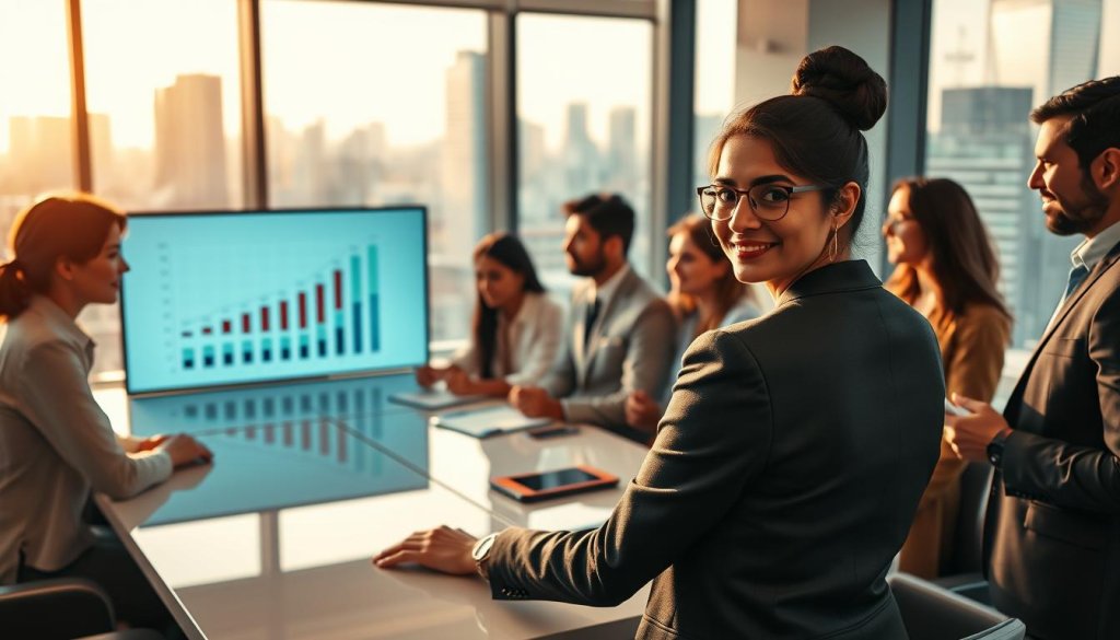 A professional meeting room showcasing a diverse group of business professionals gathered around a sleek conference table. In the foreground, a confident Indian woman in formal business attire presents a chart on a digital screen, symbolizing outbound growth strategies. The middle ground is filled with engaged colleagues, including men and women of various ethnicities, sharing ideas and taking notes. Behind them, large windows reveal a vibrant city skyline, bathed in warm afternoon light, creating an inviting atmosphere. The lighting is soft yet focused on the group, enhancing the collaborative mood. The camera angle captures the dynamic interaction, emphasizing teamwork and strategy in global markets, reflecting the essence of partnership and growth. A professional meeting room showcasing a diverse group of business professionals gathered around a sleek conference table. In the foreground, a confident Indian woman in formal business attire presents a chart on a digital screen, symbolizing outbound growth strategies. The middle ground is filled with engaged colleagues, including men and women of various ethnicities, sharing ideas and taking notes. Behind them, large windows reveal a vibrant city skyline, bathed in warm afternoon light, creating an inviting atmosphere. The lighting is soft yet focused on the group, enhancing the collaborative mood. The camera angle captures the dynamic interaction, emphasizing teamwork and strategy in global markets, reflecting the essence of partnership and growth.