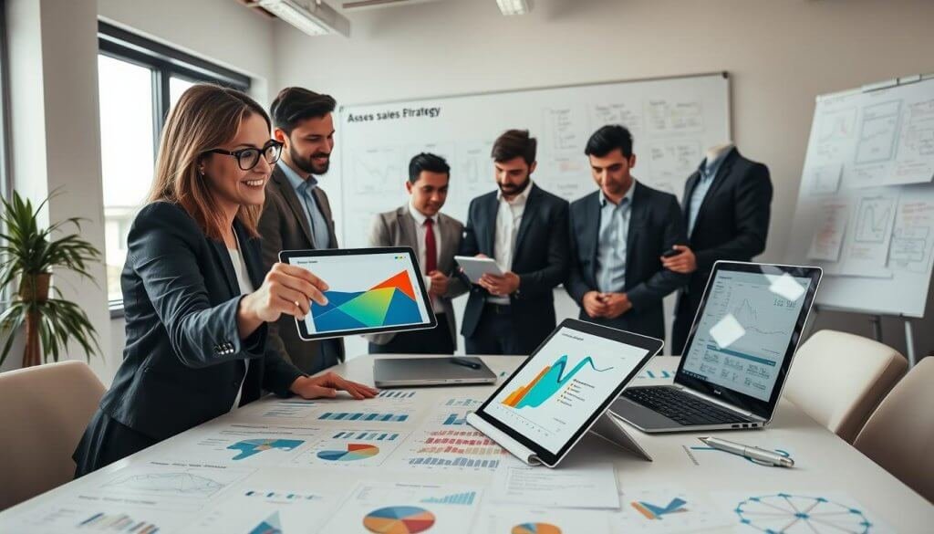A professional office environment featuring a diverse group of individuals in business attire, engaged in deep discussion around a large table covered with graphs and charts representing a sales pipeline. In the foreground, a woman with glasses points at a colorful sales funnel diagram on a tablet, demonstrating analytical insights. The middle ground shows two men examining a laptop displaying analytical data, while a notepad filled with notes and diagrams lies between them. The background features a large whiteboard filled with strategy notes and flowcharts. Soft, natural lighting floods the room through large windows, creating a motivated and focused atmosphere. The composition should convey collaboration and strategic evaluation, capturing the essence of assessing a sales pipeline effectively. A professional office environment featuring a diverse group of individuals in business attire, engaged in deep discussion around a large table covered with graphs and charts representing a sales pipeline. In the foreground, a woman with glasses points at a colorful sales funnel diagram on a tablet, demonstrating analytical insights. The middle ground shows two men examining a laptop displaying analytical data, while a notepad filled with notes and diagrams lies between them. The background features a large whiteboard filled with strategy notes and flowcharts. Soft, natural lighting floods the room through large windows, creating a motivated and focused atmosphere. The composition should convey collaboration and strategic evaluation, capturing the essence of assessing a sales pipeline effectively.