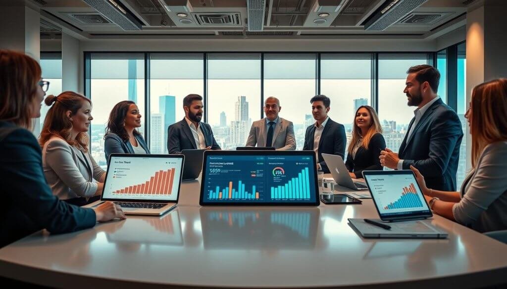 A professional office environment, foreground features a diverse group of business professionals engaged in a focused discussion around a sleek conference table, dressed in smart business attire. In the middle, various high-tech devices like laptops and tablets display analytical graphs and metrics, representing high-intent inbound leads. The background showcases large windows with a cityscape view, allowing natural light to fill the space. The atmosphere conveys focus and ambition, with a warm color palette of blues and greens. Soft, diffused lighting enhances the professional ambiance, creating a productive and motivating environment. The composition should capture the essence of strategy and collaboration in lead generation.