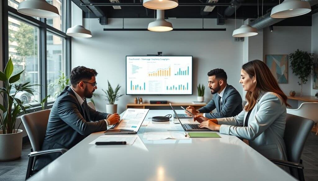 A professional office setting focused on managing outbound campaigns. In the foreground, a diverse group of three business professionals in smart attire (two men and one woman) are gathered around a sleek conference table, analyzing digital marketing spreadsheets on laptops and tablets. The middle ground features charts and graphs displayed on a large screen, showcasing campaign metrics and strategies. In the background, large windows let in natural light, creating a bright and optimistic atmosphere. The office is decorated with modern furnishings and plants, promoting a feeling of collaboration and productivity. Soft light from overhead fixtures enhances the professional environment, while a slight lens blur adds depth to the composition, emphasizing the team’s focus on maximizing ROI in their marketing efforts. A professional office setting focused on managing outbound campaigns. In the foreground, a diverse group of three business professionals in smart attire (two men and one woman) are gathered around a sleek conference table, analyzing digital marketing spreadsheets on laptops and tablets. The middle ground features charts and graphs displayed on a large screen, showcasing campaign metrics and strategies. In the background, large windows let in natural light, creating a bright and optimistic atmosphere. The office is decorated with modern furnishings and plants, promoting a feeling of collaboration and productivity. Soft light from overhead fixtures enhances the professional environment, while a slight lens blur adds depth to the composition, emphasizing the team’s focus on maximizing ROI in their marketing efforts.
