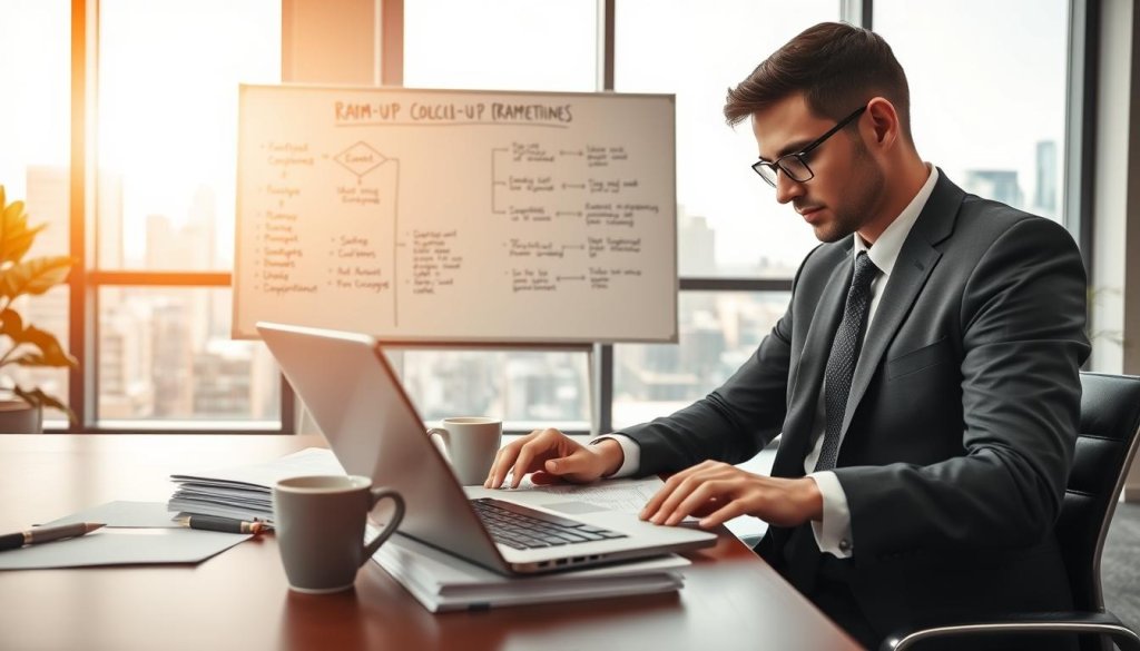 A professional office setting illustrating a ramp-up cold email process. In the foreground, a business professional in business attire, focused and typing on a laptop, surrounded by neatly organized papers and a coffee cup. The middle layer features a whiteboard with flowcharts and bullet points outlining objectives, emphasizing clarity and structure. In the background, a bright office space with large windows streaming in natural light, showcasing a cityscape. The overall mood is one of industriousness and optimism, reflecting a strategic planning environment. The lighting is warm and inviting, suggesting a productive atmosphere. Capture the details with a slightly shallow depth of field, emphasizing the subject while softly blurring the background.