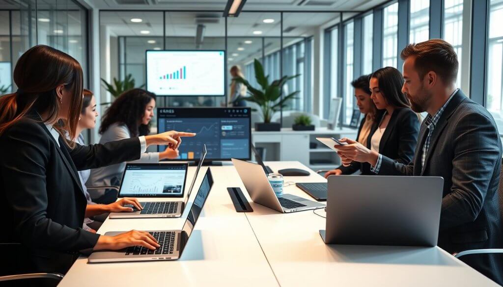 A professional office setting where a diverse group of businesspeople collaborate around a sleek conference table, engaging with laptops and digital devices displaying CRM interfaces. In the foreground, one individual, a woman in smart business attire, points towards a large screen showing graphs and integration workflows. The middle ground captures another team member analyzing data on a tablet, while the background features a modern office space with glass walls and greenery, allowing natural light to flood in. The atmosphere is dynamic and forward-thinking, emphasizing teamwork and innovation in outbound growth strategies. Soft, well-distributed lighting highlights the tech elements, creating an inspiring and productive environment. The camera angle is slightly elevated, providing a comprehensive view of the collaboration in action.