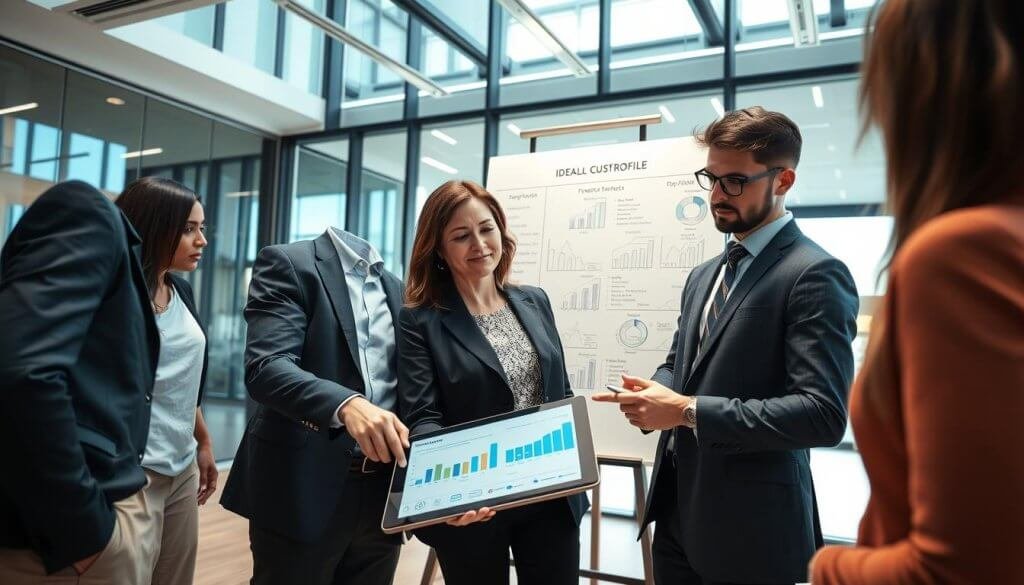 A professional office setting with a diverse group of business people analyzing data on a digital tablet. In the foreground, a middle-aged woman in business attire points at a chart displaying key metrics, while a younger man takes notes. In the middle ground, a large whiteboard is filled with graphs and bullet points illustrating an ideal customer profile for operations-heavy markets. The background shows a sleek office environment with large windows that allow natural light to flood the space, creating an open and inviting atmosphere. The lighting is bright and well-distributed, highlighting the focus on collaboration and strategic planning. The mood is energetic and professional, reflecting teamwork and critical thinking in a modern business context.