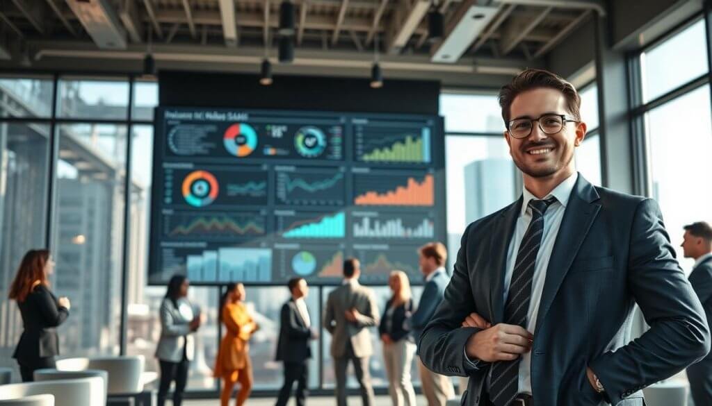 A professional salesperson in business attire stands confidently in the foreground, engaging with a diverse group of industry professionals in a high-tech conference room. The middle ground features a large digital screen displaying complex data analytics and charts related to industrial SaaS solutions. In the background, large windows reveal a modern industrial skyline, bathed in natural light, showcasing a vibrant urban atmosphere. The lighting is bright and airy, creating an optimistic and focused mood. The overall tone of the image should convey the dynamic energy of outbound sales strategies within the industrial sector, emphasizing collaboration and innovation in a corporate environment.