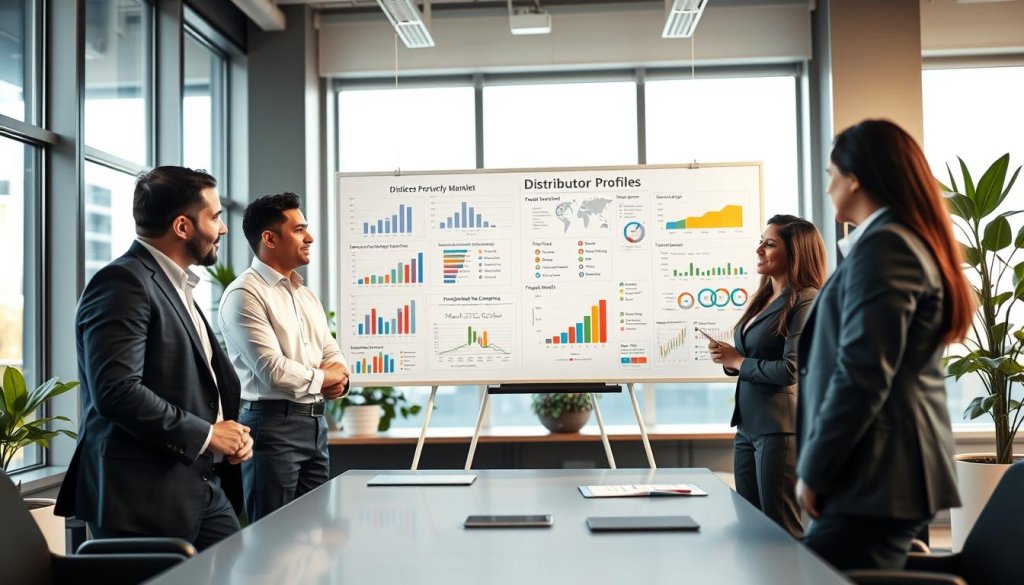 A professional setting showcasing a diverse group of business professionals engaged in a discussion about distributor profiles. In the foreground, three individuals—two men and one woman—are gathered around a sleek conference table. They are dressed in tailored business attire, representing different ethnic backgrounds. The middle ground features a whiteboard filled with colorful graphs and charts illustrating market potential and distributor criteria. In the background, large windows allow natural light to flood the room, creating a bright and inviting atmosphere. The mood is collaborative and focused, emphasizing strategic planning and global outreach. The image captures a modern office environment with sleek furnishings and greenery to add warmth. The camera angle is slightly elevated, offering a comprehensive view of the interaction.