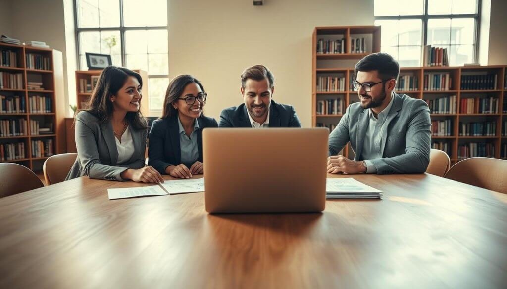 A serene office environment showcasing a diverse group of three professionals—one woman and two men—in business attire engaged in a collaborative discussion over a large table. The focus is on a laptop displaying informative graphs and documents that symbolize educational content. Soft, natural light filters through large windows, casting a warm glow on wooden surfaces, enhancing the inviting atmosphere. In the background, bookshelves filled with educational materials signify knowledge and trust. The camera angle captures the interaction from a low perspective, emphasizing teamwork and engagement. The mood is positive, reflecting inspiration and professionalism, aiming to convey the importance of trust in shared learning while seamlessly integrating vertical SaaS lead generation themes.