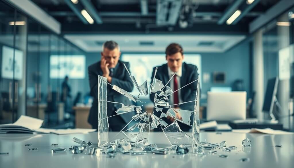 A shattered glass cube symbolizing broken agency retainers in the foreground, with sharp fragments reflecting a business setting. In the middle ground, two business professionals in modest attire, one looking frustrated while the other appears disengaged, surrounded by scattered papers and a disconnected computer. The background features a sleek office space with blurred outlines of meeting rooms and flickering screens, dimly lit to create a sense of disappointment. Soft overhead lighting highlights the professionals' faces, emphasizing their tension. The atmosphere conveys a feeling of frustration and stagnation, capturing why traditional agency retainers fall short in meeting client expectations. Combine a slight depth of field to focus primarily on the shattered cube and the expressions of the professionals. A shattered glass cube symbolizing broken agency retainers in the foreground, with sharp fragments reflecting a business setting. In the middle ground, two business professionals in modest attire, one looking frustrated while the other appears disengaged, surrounded by scattered papers and a disconnected computer. The background features a sleek office space with blurred outlines of meeting rooms and flickering screens, dimly lit to create a sense of disappointment. Soft overhead lighting highlights the professionals' faces, emphasizing their tension. The atmosphere conveys a feeling of frustration and stagnation, capturing why traditional agency retainers fall short in meeting client expectations. Combine a slight depth of field to focus primarily on the shattered cube and the expressions of the professionals.
