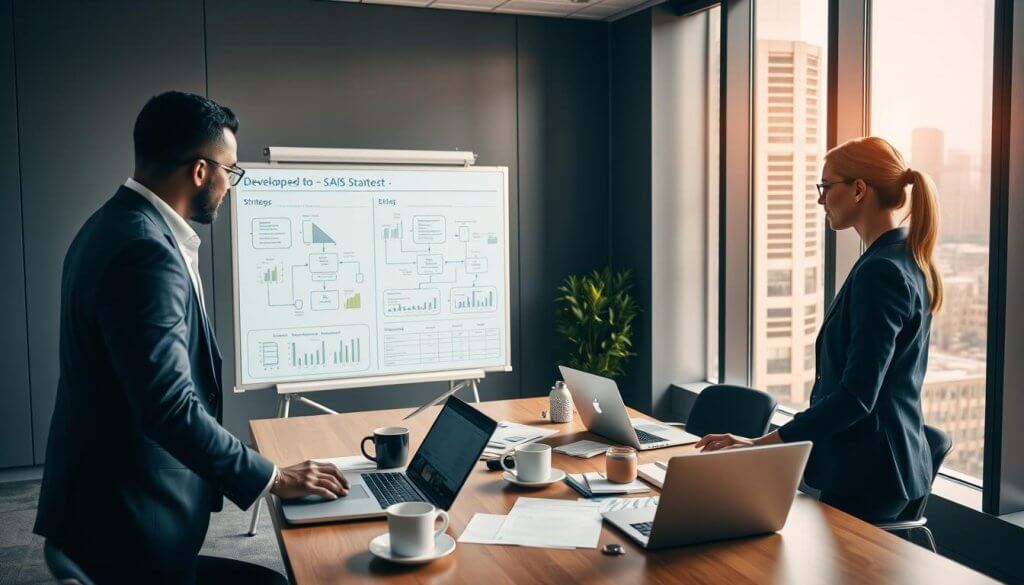 A sleek, modern office environment showcasing a diverse team of three professionals—two men and one woman—in smart business attire, deeply engaged in a collaborative meeting. In the foreground, a large digital whiteboard displays flowcharts and graphs depicting supply chain strategies. In the middle ground, a meeting table is cluttered with laptops, documents, and coffee cups, emphasizing a dynamic working atmosphere. In the background, large windows let in warm, natural light, illuminating the contemporary cityscape and signaling an operational-heavy market outside. The mood is focused and energetic, suggesting alignment and synergy in sales development within the supply chain SaaS context. The composition is shot from a slightly elevated angle, providing a comprehensive view of the teamwork and the workspace.