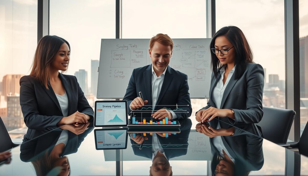 A sleek, modern office environment with a glass conference table in the foreground. A diverse group of three business professionals in smart attire (suits and blouses) collaborate over a transparent digital sales pipeline displayed on a tablet. The sales pipeline visually represents stages like prospecting, qualifying, and closing deals, with colorful graphs and data visualization elements. In the middle ground, illuminated by soft, natural light filtering through large windows, a whiteboard filled with strategic notes and flowcharts is visible. The background features a city skyline, suggesting growth and opportunity, while the overall mood is focused, professional, and optimistic. The lighting is bright yet soft, enhancing the atmosphere of transparency and collaboration. A sleek, modern office environment with a glass conference table in the foreground. A diverse group of three business professionals in smart attire (suits and blouses) collaborate over a transparent digital sales pipeline displayed on a tablet. The sales pipeline visually represents stages like prospecting, qualifying, and closing deals, with colorful graphs and data visualization elements. In the middle ground, illuminated by soft, natural light filtering through large windows, a whiteboard filled with strategic notes and flowcharts is visible. The background features a city skyline, suggesting growth and opportunity, while the overall mood is focused, professional, and optimistic. The lighting is bright yet soft, enhancing the atmosphere of transparency and collaboration.