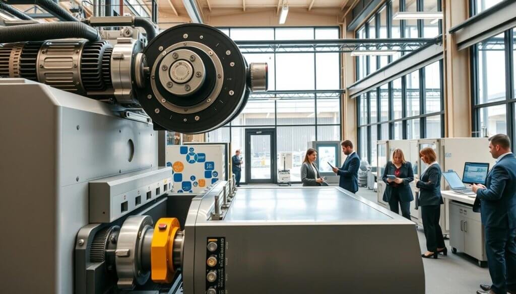 A sophisticated manufacturing facility interior with a large compound outbound machine at the forefront, showcasing intricate mechanical components and streamlined design. In the middle ground, various professionals in business attire analyze data on tablets and screens, demonstrating collaboration and strategy development. The background features large glass windows allowing natural light to flood the space, illuminating the advanced machinery and creating a bright, productive atmosphere. A warm color palette with pops of blue highlights innovation and efficiency. The scene is captured from a slightly elevated angle to provide a comprehensive view of the workspace, enhancing the sense of depth and dynamism in the environment.