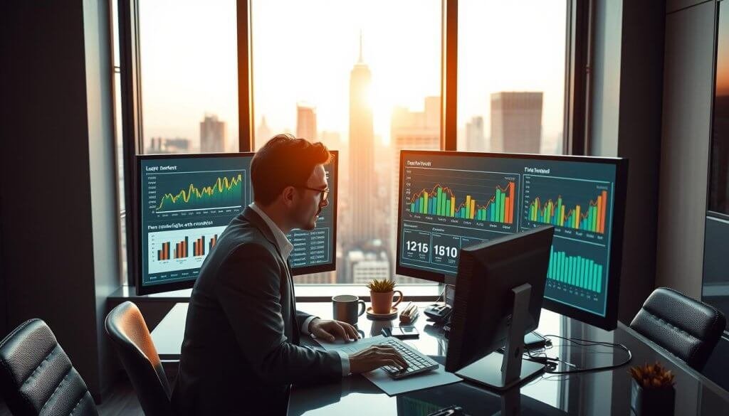 A sophisticated office environment showcases a digital marketing strategist at their desk, intently analyzing data on dual computer screens. The foreground features the strategist, a professional in business attire, with focused expression and notes scattered around. In the middle, vibrant graphs and charts are displayed on the screens, illustrating metrics for targeted advertising campaigns. In the background, a large window reveals a city skyline, bathed in warm, natural light that creates a productive atmosphere. The scene conveys a sense of strategic planning and innovation, emphasizing the concept of optimizing outreach through targeted advertising methods. The overall mood is dynamic and forward-thinking, highlighting the synergy of technology and marketing in lead generation efforts.