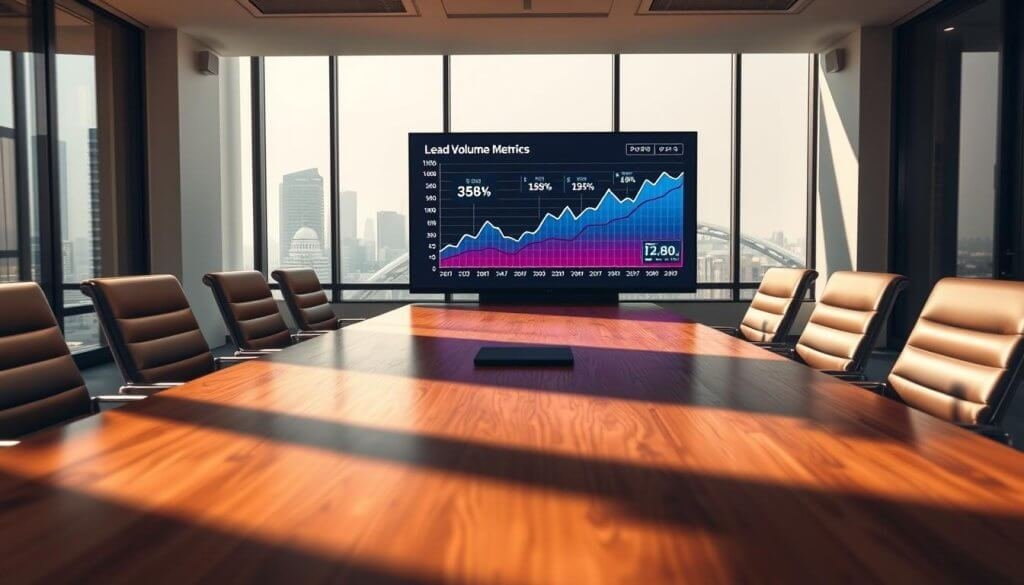 A sophisticated office setting with a polished wooden conference table at the forefront, surrounded by sleek, modern chairs. In the middle, a large digital screen displays a vibrant, animated graph illustrating fluctuating lead volume metrics with compelling visuals of numbers and data points. The background features a well-lit room with large windows letting in natural light, casting soft shadows across the floor. A subtle cityscape is visible outside, hinting at a bustling market environment. The overall mood is focused and professional, emphasizing the importance of lead quality over sheer volume. Soft focus on the edges creates depth, drawing the viewer's attention to the screen and metrics presented. The lighting is warm and inviting, enhancing the atmosphere of business and strategy.