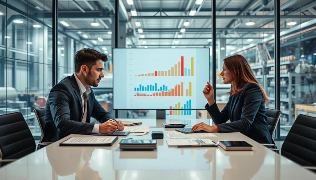 A split scene depicting two professionals in a modern office setting, contemplating a decision between in-house and outsourced growth strategies. In the foreground, a diverse team of three individuals—two men and one woman—in professional attire engage in discussion around a sleek conference table filled with documents and digital devices. The middle layer shows graphs and charts on a large screen behind them, illustrating growth possibilities. In the background, a large window offers a view of a manufacturing plant, emphasizing the industrial context. Soft, natural lighting filters through the window, creating an inspiring atmosphere, while a focal length similar to a 35mm lens highlights the team’s expressions of contemplation and determination.