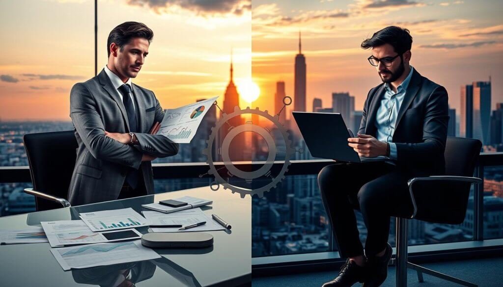A split-screen image illustrating "Insider Versus Outsider Advantages in Market Entry." In the foreground, on the left, an insider is depicted as a confident business professional in formal attire, surrounded by charts and data analytics on a sleek modern desk, emphasizing familiarity with the market. On the right, an outsider appears as a creative entrepreneur in smart casual clothing, contemplating a laptop with a map and strategy notes, showcasing a fresh perspective. The middle ground features networking elements, like linked hands and overlapping gears symbolizing collaboration. In the background, a city skyline represents the market landscape illuminated by warm sunset lighting, creating a dynamic yet professional atmosphere. The composition should be balanced, highlighting contrasts while maintaining a cohesive flow.