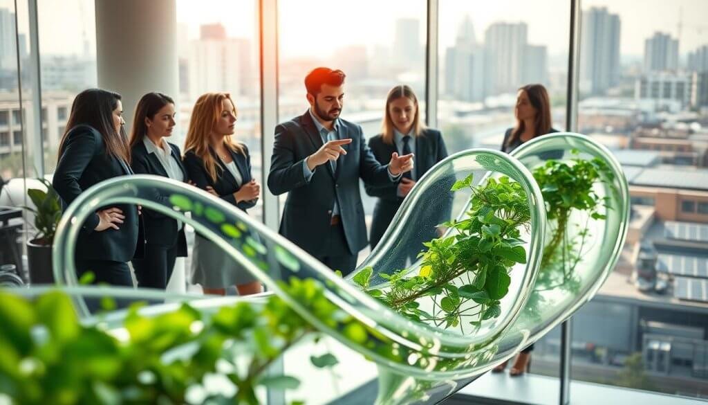 A sustainable pipeline depicted in a modern business environment, showcasing a sleek, visually appealing flow of green energy symbolized by gently curving, transparent tubes filled with vibrant plants and water, intertwining effortlessly. Foreground features a group of diverse professionals in business attire, collaboratively discussing their ideas, pointing at a digital display of growth metrics. The middle layer highlights a contemporary office space with large windows, allowing natural sunlight to illuminate the scene, creating a warm, optimistic atmosphere. In the background, an urban skyline can be seen, dotted with green rooftops and solar panels, reinforcing the theme of sustainability. The image captures a sense of innovation and teamwork, emphasizing efficiency without excess, with a soft focus for a polished, professional look. A sustainable pipeline depicted in a modern business environment, showcasing a sleek, visually appealing flow of green energy symbolized by gently curving, transparent tubes filled with vibrant plants and water, intertwining effortlessly. Foreground features a group of diverse professionals in business attire, collaboratively discussing their ideas, pointing at a digital display of growth metrics. The middle layer highlights a contemporary office space with large windows, allowing natural sunlight to illuminate the scene, creating a warm, optimistic atmosphere. In the background, an urban skyline can be seen, dotted with green rooftops and solar panels, reinforcing the theme of sustainability. The image captures a sense of innovation and teamwork, emphasizing efficiency without excess, with a soft focus for a polished, professional look.