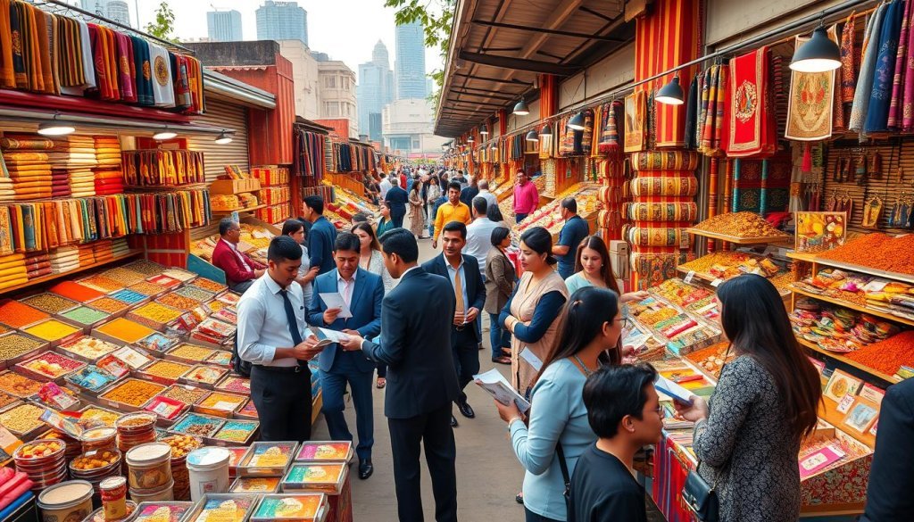 A vibrant and bustling market scene showcasing a variety of stalls filled with colorful textiles, spices, and handicrafts. In the foreground, a diverse group of professional individuals in business attire are engaged in discussions, examining products and exchanging brochures. The middle ground features several vendors enthusiastically showcasing their goods, with intricate displays and organized merchandise. The background illustrates a lively atmosphere, with city buildings hinting at an urban setting, and people milling about, creating a sense of community and transaction. The scene is bathed in warm, natural lighting, suggesting a late afternoon glow, which enhances the richness of colors and adds depth to the image. A wide-angle perspective captures the dynamic energy of the market, inviting viewers into the world of trade and commerce. A vibrant and bustling market scene showcasing a variety of stalls filled with colorful textiles, spices, and handicrafts. In the foreground, a diverse group of professional individuals in business attire are engaged in discussions, examining products and exchanging brochures. The middle ground features several vendors enthusiastically showcasing their goods, with intricate displays and organized merchandise. The background illustrates a lively atmosphere, with city buildings hinting at an urban setting, and people milling about, creating a sense of community and transaction. The scene is bathed in warm, natural lighting, suggesting a late afternoon glow, which enhances the richness of colors and adds depth to the image. A wide-angle perspective captures the dynamic energy of the market, inviting viewers into the world of trade and commerce.