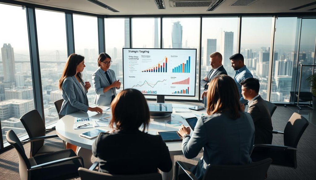 A vibrant and dynamic business meeting scene set in a modern office environment. In the foreground, a diverse group of professionals in business attire, focused and engaged in discussion, gather around a sleek, round table covered with charts and digital devices. The middle section features a large screen displaying strategic market targeting graphs and analytics, illustrating growth opportunities in AI SaaS and manufacturing sectors. The background shows a panoramic view of a city skyline through large glass windows, bathed in soft, natural daylight that enhances the atmosphere of innovation and collaboration. The mood is professional and forward-thinking, conveying a sense of teamwork and strategic planning. The image should have a balanced composition with a slight depth of field, highlighting the participants while subtly showcasing the background. A vibrant and dynamic business meeting scene set in a modern office environment. In the foreground, a diverse group of professionals in business attire, focused and engaged in discussion, gather around a sleek, round table covered with charts and digital devices. The middle section features a large screen displaying strategic market targeting graphs and analytics, illustrating growth opportunities in AI SaaS and manufacturing sectors. The background shows a panoramic view of a city skyline through large glass windows, bathed in soft, natural daylight that enhances the atmosphere of innovation and collaboration. The mood is professional and forward-thinking, conveying a sense of teamwork and strategic planning. The image should have a balanced composition with a slight depth of field, highlighting the participants while subtly showcasing the background.