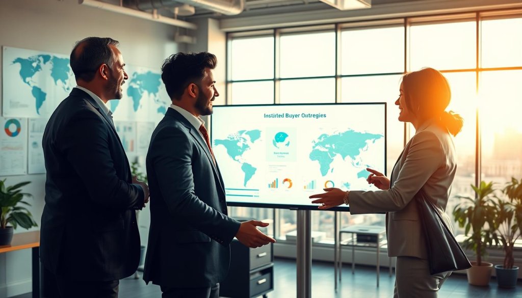 A vibrant business meeting scene set in a modern office environment, featuring diverse professionals in professional business attire. In the foreground, a group of three individuals—two men and one woman—are engaged in a dynamic discussion, analyzing a digital presentation on a large screen that displays various international buyer outreach strategies. The middle ground shows a collaborative workspace with charts, graphs, and international maps on the walls, symbolizing global connections. The background features large windows with a cityscape view, letting in bright, natural light. The mood is positive and energetic, conveying teamwork and strategic thinking. The image should be captured with a slight tilt angle, emphasizing the interaction among the professionals, and infused with warm lighting to evoke a sense of innovation and collaboration. A vibrant business meeting scene set in a modern office environment, featuring diverse professionals in professional business attire. In the foreground, a group of three individuals—two men and one woman—are engaged in a dynamic discussion, analyzing a digital presentation on a large screen that displays various international buyer outreach strategies. The middle ground shows a collaborative workspace with charts, graphs, and international maps on the walls, symbolizing global connections. The background features large windows with a cityscape view, letting in bright, natural light. The mood is positive and energetic, conveying teamwork and strategic thinking. The image should be captured with a slight tilt angle, emphasizing the interaction among the professionals, and infused with warm lighting to evoke a sense of innovation and collaboration.