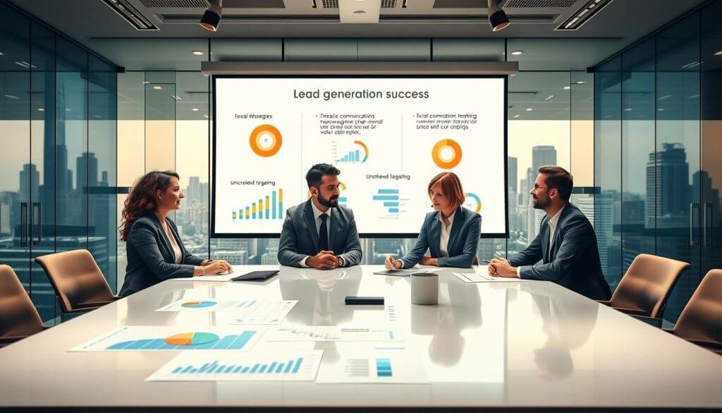 A vibrant office environment focusing on modern lead generation strategies. In the foreground, a diverse group of three professionals in formal business attire, engaged in a brainstorming session at a sleek conference table, surrounded by charts and graphs displaying lead generation success. The middle layer features a large projection screen with visual representations of common pitfalls like miscommunication and unclear targeting. The background shows glass walls with a city skyline, emphasizing a dynamic and risk-heavy market atmosphere. Soft, warm lighting enhances a sense of collaboration and productivity, while a wide-angle perspective captures the energetic ambiance of the modern workspace. A vibrant office environment focusing on modern lead generation strategies. In the foreground, a diverse group of three professionals in formal business attire, engaged in a brainstorming session at a sleek conference table, surrounded by charts and graphs displaying lead generation success. The middle layer features a large projection screen with visual representations of common pitfalls like miscommunication and unclear targeting. The background shows glass walls with a city skyline, emphasizing a dynamic and risk-heavy market atmosphere. Soft, warm lighting enhances a sense of collaboration and productivity, while a wide-angle perspective captures the energetic ambiance of the modern workspace.