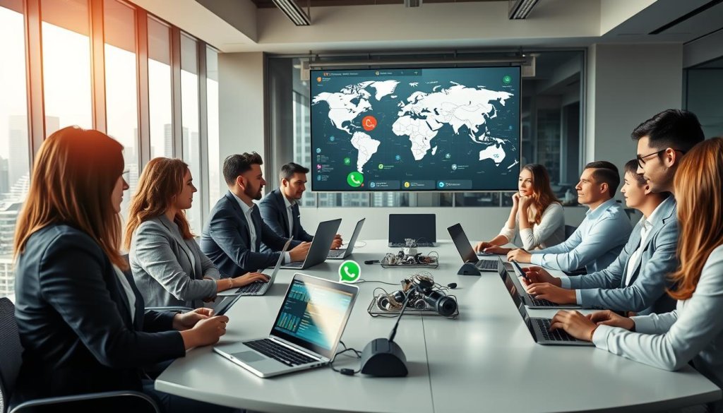 A vibrant office environment illustrating the concept of outreach through WhatsApp and email. In the foreground, a diverse group of professionals in smart casual attire is engaged in a discussion around a modern conference table, with laptops and smartphones displaying messaging apps open. In the middle, a large screen shows data visualizations and global connection networks, emphasizing outreach strategies. The background features large windows with a view of a bustling cityscape, suggesting a dynamic business atmosphere. Soft, natural light floods the room, creating a warm and collaborative mood. The composition captures a sense of focus and productivity, perfect for highlighting innovative communication methods in a global business context.