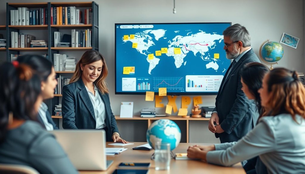 A vibrant office setting with a diverse group of professionals engaged in a collaborative discussion. In the foreground, a confident businesswoman in a smart blazer analyzes data on a laptop, while a suited businessman points at a digital map showcasing export routes and target markets. In the middle, a large screen displays graphs and charts indicating growth in international sales, alongside sticky notes with ideas for lead generation strategies. The background features shelves filled with industry-related books and a globe, symbolizing global commerce. Soft, natural lighting enhances the atmosphere of productivity and innovation, with a slight depth of field to focus on the team's discussion. The overall mood is optimistic and driven, illustrating effective sourcing techniques for high-quality B2B export leads.