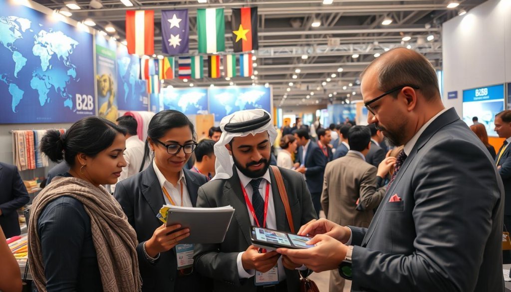 A vibrant scene depicting a B2B marketplace, featuring a diverse group of professionals in business attire, engaged in discussions and transactions. In the foreground, a South Asian woman and a Middle-Eastern man are examining a tablet, showcasing product listings. In the middle, a well-organized marketplace booth displays various goods, including textiles and machinery, with flags representing different countries hanging above to highlight global interactions. The background features a bustling atmosphere with people networking and exchanging business cards, and a digital banner displaying global map graphics and trade icons. Soft, professional lighting illuminates the scene, creating an atmosphere of collaboration and opportunity. The angle captures both the energy of the marketplace and the focus on international trade connections, fostering a sense of ambition and growth.