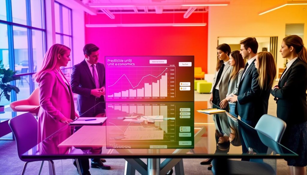 A visual representation of predictable unit economics in a corporate environment. In the foreground, a diverse group of professional individuals in business attire, engaged in a discussion around a large, transparent glass table, with charts and graphs indicating sales outcomes and investment strategies. In the middle ground, a digital display shows upward-trending graphs and data analysis on a sleek, modern screen. The background features an open office space with vibrant colors and stylish furniture. Soft, natural lighting streams in from large windows, creating a positive, focused atmosphere. The overall mood is collaborative and strategic, emphasizing alignment between commercial spend and tangible sales results. A visual representation of predictable unit economics in a corporate environment. In the foreground, a diverse group of professional individuals in business attire, engaged in a discussion around a large, transparent glass table, with charts and graphs indicating sales outcomes and investment strategies. In the middle ground, a digital display shows upward-trending graphs and data analysis on a sleek, modern screen. The background features an open office space with vibrant colors and stylish furniture. Soft, natural lighting streams in from large windows, creating a positive, focused atmosphere. The overall mood is collaborative and strategic, emphasizing alignment between commercial spend and tangible sales results.