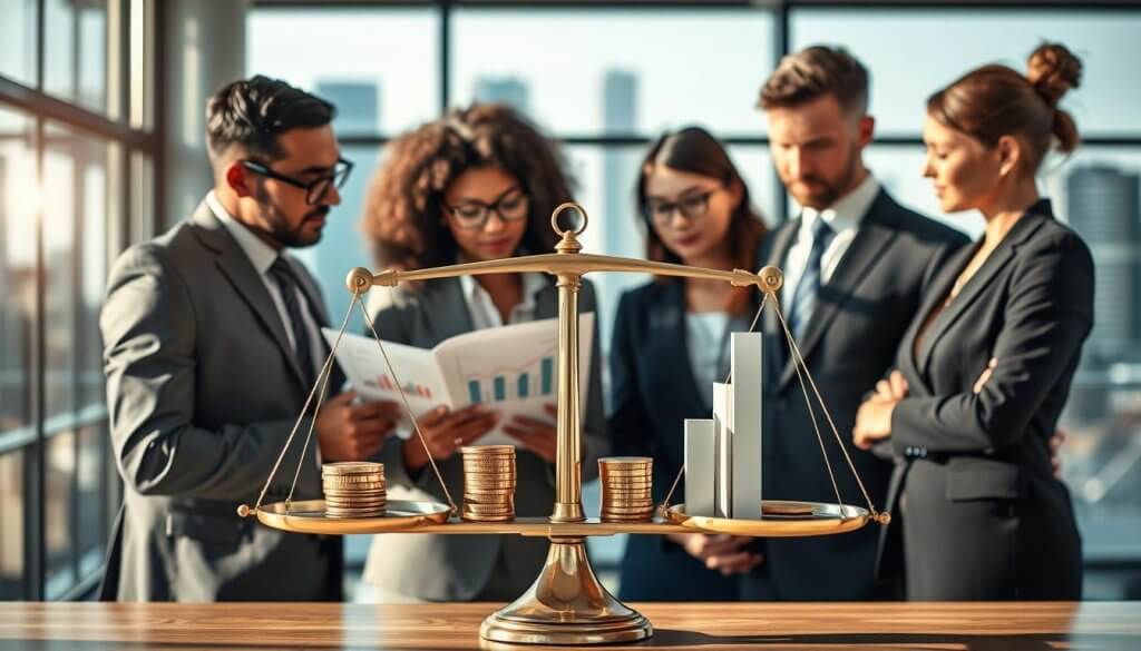 A visually compelling illustration of balancing fixed fees with revenue sharing in a professional context. In the foreground, a diverse group of three business professionals—two men in tailored suits and one woman in a smart dress—are engaged in a focused discussion while examining a financial report showing graphs and charts. In the middle, a scale metaphorically represents the balance between fixed fees and revenue sharing, with coins on one side and rising bar graphs on the other, symbolizing growth. The background features a modern office with floor-to-ceiling windows revealing a city skyline. Soft, natural lighting fills the scene, casting a warm glow and creating an atmosphere of collaboration and opportunity, captured with a slight depth of field for emphasis. A visually compelling illustration of balancing fixed fees with revenue sharing in a professional context. In the foreground, a diverse group of three business professionals—two men in tailored suits and one woman in a smart dress—are engaged in a focused discussion while examining a financial report showing graphs and charts. In the middle, a scale metaphorically represents the balance between fixed fees and revenue sharing, with coins on one side and rising bar graphs on the other, symbolizing growth. The background features a modern office with floor-to-ceiling windows revealing a city skyline. Soft, natural lighting fills the scene, casting a warm glow and creating an atmosphere of collaboration and opportunity, captured with a slight depth of field for emphasis.