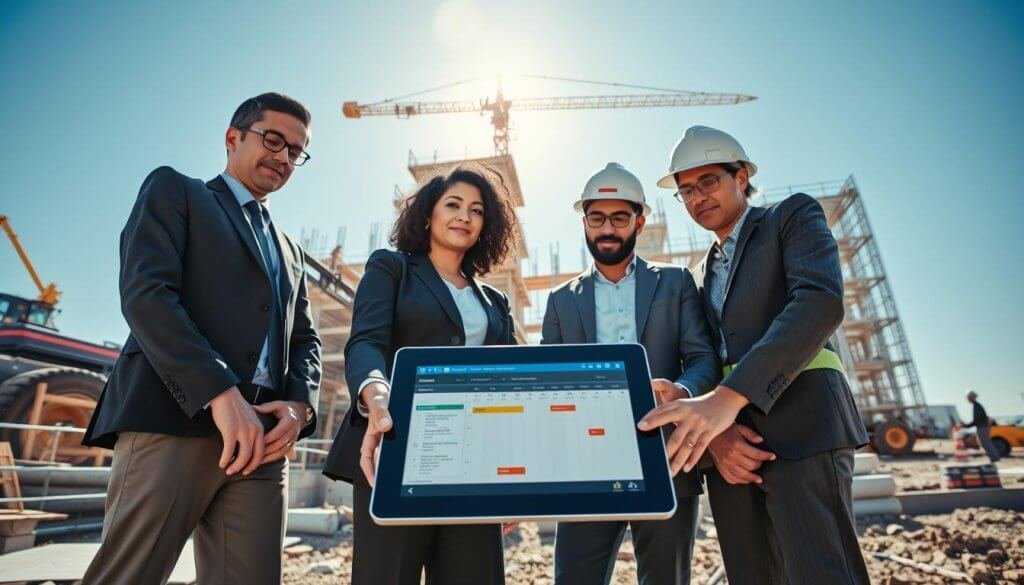 A visually engaging representation of "aligning outreach with project lifecycle needs" in a contemporary construction environment. In the foreground, a diverse group of professionals in business attire – a project manager, a compliance specialist, and a field team leader – are gathered around a digital tablet displaying project timelines and outreach plans. In the middle ground, an ongoing construction site with machinery, scaffolding, and workers actively engaged in various tasks symbolizes the project lifecycle. The background features a clear blue sky with sunlight illuminating the scene, creating a professional yet dynamic atmosphere. Capture this scene from a low-angle perspective, emphasizing both the teamwork and the construction backdrop, evoking a sense of collaboration and strategic planning.