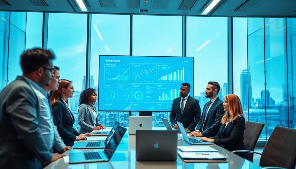A visually engaging scene depicting performance-linked pricing models in a corporate setting. In the foreground, a diverse group of business professionals of varying ethnicities, dressed in smart business attire, are gathered around a large digital screen displaying interactive graphs and analytics. The middle ground features a sleek conference table adorned with laptops and documents, while bright LED lights cast a professional glow. In the background, floor-to-ceiling windows reveal a modern city skyline, suggesting innovation and growth. The atmosphere conveys a sense of collaboration and forward-thinking, with soft blue and green tones to enhance a productive mood. The angle is slightly elevated, providing a clear view of the team’s focused expressions as they discuss their strategies.