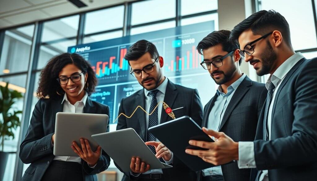 A visually striking digital scene illustrating the concept of "intent data" in a professional setting. In the foreground, a diverse group of three business professionals, dressed in smart business attire, are intensely analyzing data on sleek laptops and tablets. Their expressions reflect concentration and insight as they discuss potential high-intent prospects. In the middle, a large digital display shows graphs and charts representing data analytics and AI algorithms, illuminated with colorful data points. The background features a modern office environment with large windows allowing natural light to flood in, casting soft shadows. The overall atmosphere is dynamic and innovative, symbolizing a cutting-edge approach to lead generation. The angle is slightly elevated, capturing both the team’s focus and the impressive digital interfaces.