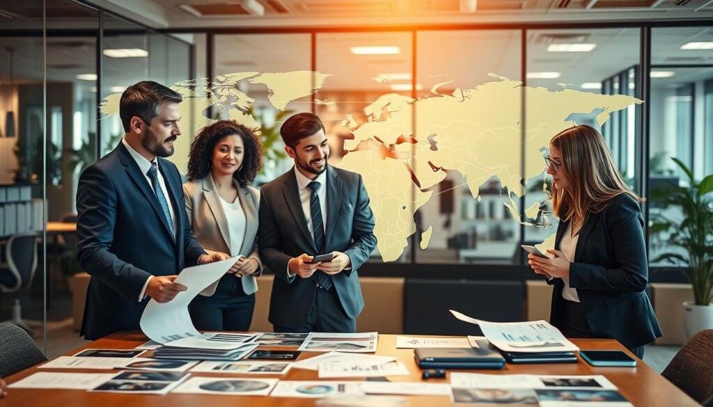 A visually striking image depicting the concept of "Partnering for Trust and Market Reach." In the foreground, show a diverse group of three professionals in smart business attire, engaged in a thoughtful discussion around a table laden with market research reports and digital devices. The middle ground features a large world map with connecting lines, representing a global network of partnerships, softly illuminated. In the background, an office space filled with glass walls and greenery, hinting at transparency and growth. Use warm, inviting lighting to create an atmosphere of collaboration and success, captured from a slightly elevated angle to showcase the interaction and the map prominently. The scene evokes a sense of connection and opportunity, illustrating trust in partnerships and their potential market impact.