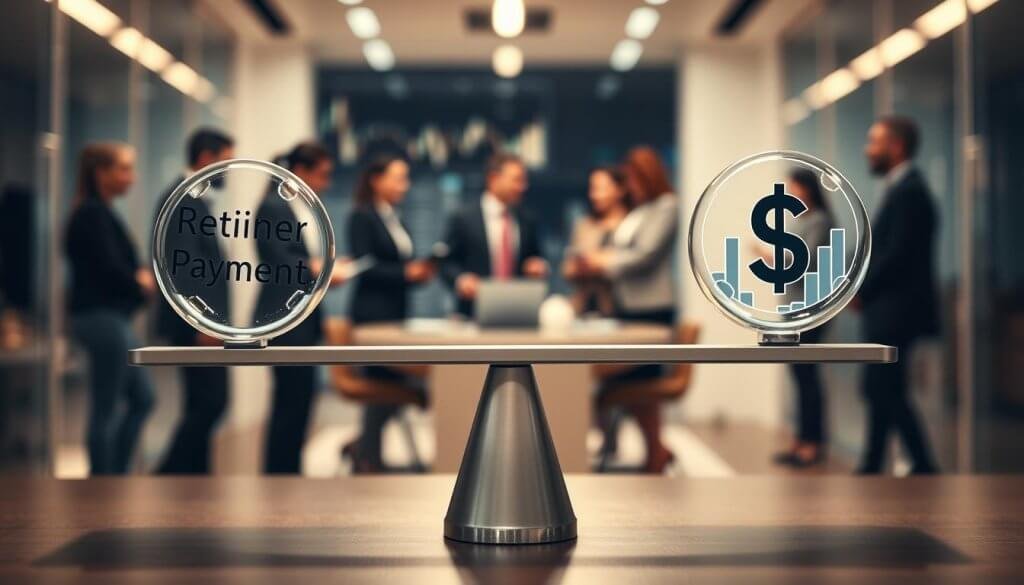 A visually striking image representing the concept of "balancing retainers with performance-linked pricing" in a business environment. In the foreground, a sleek balance scale made of glass and metal, with one side holding a retainer payment symbol, while the other side carries performance metrics icons such as a graph and a dollar sign. In the middle, a blurred image of a modern office, featuring a diverse group of professionals in business attire engaged in a discussion, reflecting collaboration and strategy. The background displays abstract representations of data and analytics, softly lit for a professional atmosphere. The lighting is bright yet warm, focusing on the scale and the professionals to create an inspiring and motivational mood. A visually striking image representing the concept of "balancing retainers with performance-linked pricing" in a business environment. In the foreground, a sleek balance scale made of glass and metal, with one side holding a retainer payment symbol, while the other side carries performance metrics icons such as a graph and a dollar sign. In the middle, a blurred image of a modern office, featuring a diverse group of professionals in business attire engaged in a discussion, reflecting collaboration and strategy. The background displays abstract representations of data and analytics, softly lit for a professional atmosphere. The lighting is bright yet warm, focusing on the scale and the professionals to create an inspiring and motivational mood.