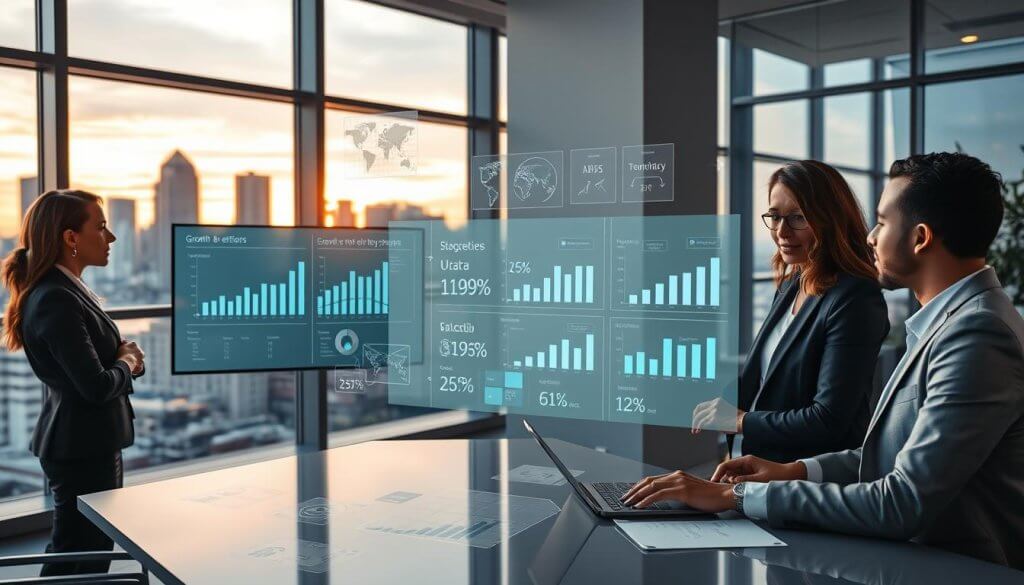 An abstract representation of a "strategic testing growth partner" concept, set in a modern, sleek office environment. In the foreground, a diverse team of four business professionals, dressed in sharp business attire, engage in a collaborative discussion around a large digital screen displaying growth data and testing outcomes. In the middle ground, a variety of charts and graphs float, illustrating key performance indicators and strategic plans, while a transparent overlay hints at a brainstorming session. The background features large windows with a city skyline at dusk, casting a warm, golden glow into the room. Soft lighting highlights the team's focused expressions, conveying a mood of collaboration and innovation, shot with a wide-angle lens for depth and perspective. An abstract representation of a "strategic testing growth partner" concept, set in a modern, sleek office environment. In the foreground, a diverse team of four business professionals, dressed in sharp business attire, engage in a collaborative discussion around a large digital screen displaying growth data and testing outcomes. In the middle ground, a variety of charts and graphs float, illustrating key performance indicators and strategic plans, while a transparent overlay hints at a brainstorming session. The background features large windows with a city skyline at dusk, casting a warm, golden glow into the room. Soft lighting highlights the team's focused expressions, conveying a mood of collaboration and innovation, shot with a wide-angle lens for depth and perspective.