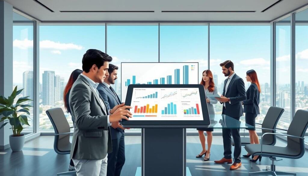 An ideal customer profile (ICP) visual representation: In the foreground, depict an infographic style illustration featuring diverse business professionals dressed in smart casual attire engaged in a discussion over a large digital tablet displaying customer data analytics. In the middle ground, include a modern office environment with a sleek glass conference table and a large screen showing various graphs and matrices symbolizing customer segmentation. The background should feature a large window with a view of a city skyline under bright, clear blue skies, symbolizing a vibrant business atmosphere. Use soft, natural lighting to create an inviting and collaborative mood. Angles should be slightly angled to capture depth and perspective, emphasizing a sense of dynamic interaction.