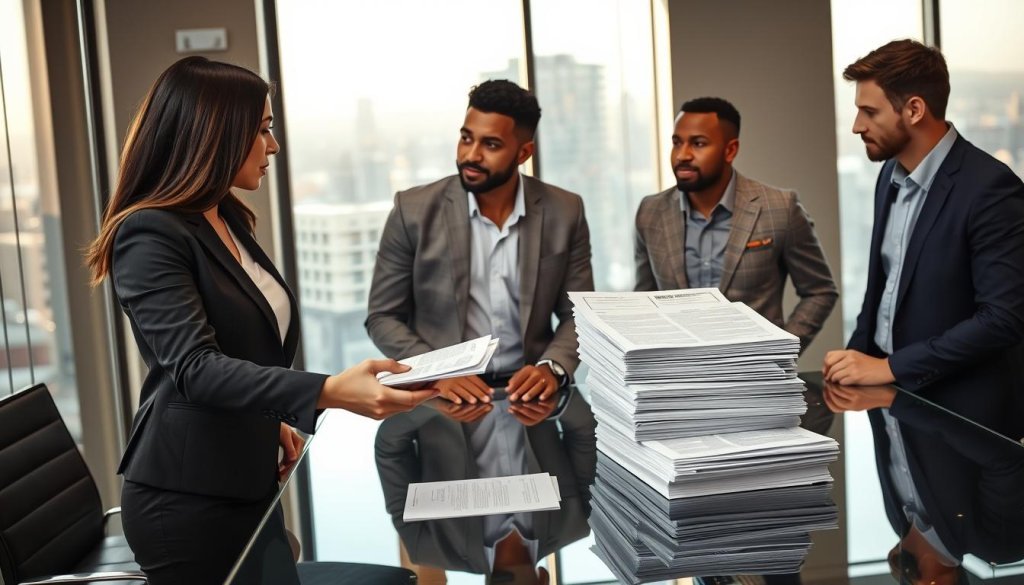 In a modern office environment, a diverse group of four professionals engage in a collaborative discussion around a sleek, glass conference table. In the foreground, a woman in a smart business suit gestures towards a well-organized stack of documents, signifying the qualification process before a project handoff. In the middle, two men, one wearing a blazer and the other in a smart-casual shirt, listen intently, their faces displaying concentration and interest. In the background, a large window reveals a cityscape bathed in natural light, casting a warm glow across the room. The atmosphere feels dynamic and focused, with an emphasis on teamwork and strategic planning. The scene is captured from a slightly elevated angle, enhancing the sense of collaboration.