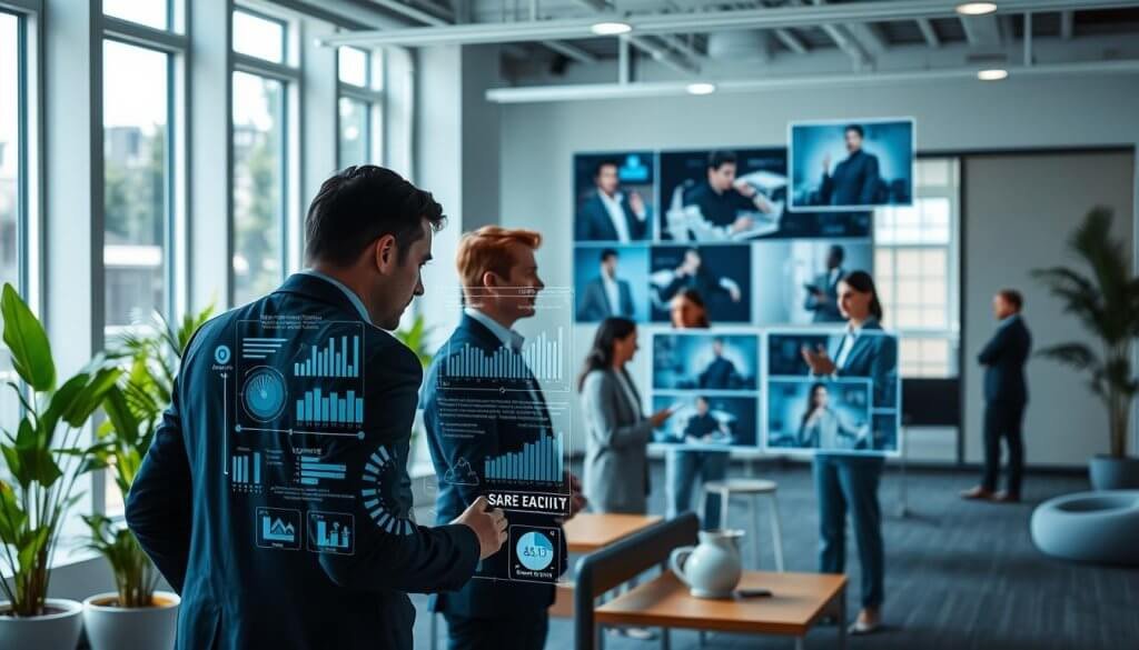 In a modern office setting, visualize an AI-powered sales team planning strategies around a futuristic digital interface. In the foreground, two professionals in business attire collaborate over a sleek, transparent touchscreen displaying complex data visualizations and sales metrics. In the middle ground, a diverse group of professionals remotely communicating via holographic screens, engaged in discussions that enhance their sales tactics. The background features a bright, airy office space with large windows letting in natural light, plants for a touch of greenery, and minimalistic furniture. Capture the essence of innovation and teamwork, with a futuristic ambiance created by soft blue and white lighting, suggesting a vibrant and interconnected atmosphere in modern sales development. In a modern office setting, visualize an AI-powered sales team planning strategies around a futuristic digital interface. In the foreground, two professionals in business attire collaborate over a sleek, transparent touchscreen displaying complex data visualizations and sales metrics. In the middle ground, a diverse group of professionals remotely communicating via holographic screens, engaged in discussions that enhance their sales tactics. The background features a bright, airy office space with large windows letting in natural light, plants for a touch of greenery, and minimalistic furniture. Capture the essence of innovation and teamwork, with a futuristic ambiance created by soft blue and white lighting, suggesting a vibrant and interconnected atmosphere in modern sales development.