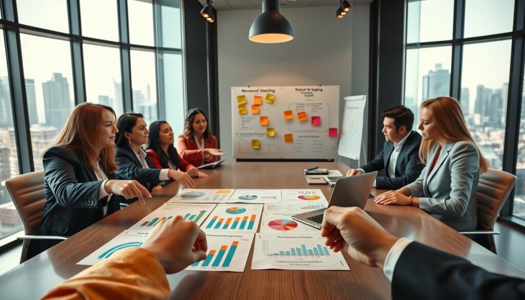 In a sleek, modern office environment, a diverse team of professionals in smart business attire engage in a dynamic discussion around a large conference table. The foreground features a close-up of hands pointing at colorful graphs and charts that represent revenue-sharing models and growth projections. In the midground, a large whiteboard displays sticky notes with ideas and strategies for transitioning to revenue sharing, while a laptop shows real-time analytics. The background reveals large windows with a bustling cityscape, bathed in warm, natural light, creating a collaborative and optimistic atmosphere. The image captures a sense of innovation and teamwork, emphasizing the importance of strategic partnership in revenue sharing. The overall mood is focused and ambitious, conveying the essence of growth and collaboration. In a sleek, modern office environment, a diverse team of professionals in smart business attire engage in a dynamic discussion around a large conference table. The foreground features a close-up of hands pointing at colorful graphs and charts that represent revenue-sharing models and growth projections. In the midground, a large whiteboard displays sticky notes with ideas and strategies for transitioning to revenue sharing, while a laptop shows real-time analytics. The background reveals large windows with a bustling cityscape, bathed in warm, natural light, creating a collaborative and optimistic atmosphere. The image captures a sense of innovation and teamwork, emphasizing the importance of strategic partnership in revenue sharing. The overall mood is focused and ambitious, conveying the essence of growth and collaboration.