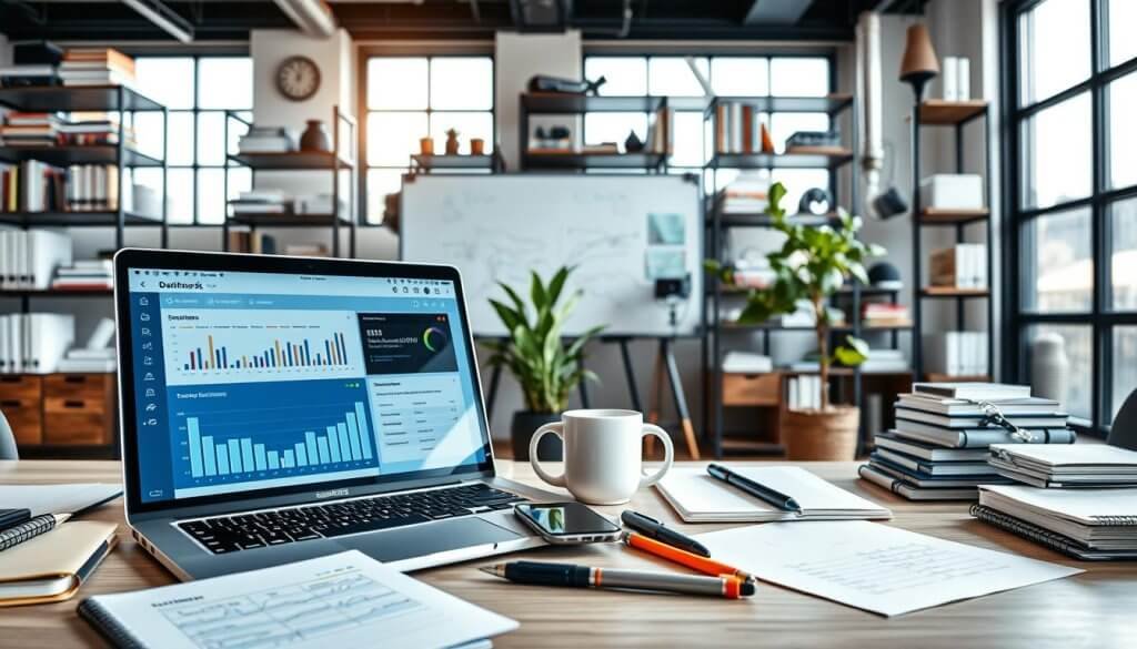 a modern office workspace showcasing essential tools for scaling outbound sales efforts. In the foreground, a sleek laptop open to a sales dashboard, surrounded by notebooks, pens, and a smartphone displaying a sales app. In the middle, a whiteboard filled with strategic planning notes and charts, alongside a coffee mug symbolizing focus and productivity. The background features shelves stocked with business books and innovative tech gadgets, incorporating a plant for a touch of greenery. Bright, natural lighting streams in from a large window, casting soft reflections. The atmosphere is dynamic and professional, embodying a blend of technology and strategy in an industrial SaaS environment. The perspective is wide-angle to capture the entire workspace in a cohesive and inspiring scene.