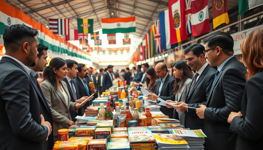 A bustling FMCG distributor outreach scene set in an international market environment. In the foreground, a diverse group of business professionals in professional business attire engage in discussions, analyzing product samples and marketing materials. The middle ground features a table laden with various FMCG products, showcasing Indian brands, and promotional brochures strategically arranged. In the background, colorful banners display the Indian flag blending with flags from several international markets. Soft, natural lighting filters through an open-air market setting, emphasizing a collaborative atmosphere. The angle is slightly elevated, providing a comprehensive view of the interaction, with a focus on warmth and optimism as the team works to expand their global outreach.
