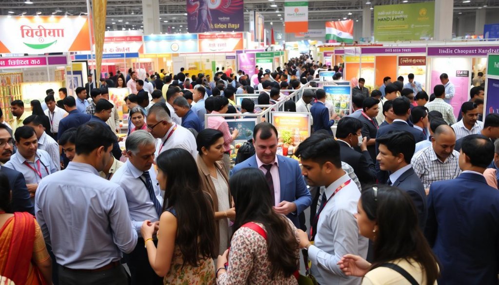 A bustling trade fair scene showcasing international buyers and sellers engaging in active discussions. In the foreground, a diverse group of buyers in professional business attire interact with vendors, examining products and engaging in negotiation. The buyers represent various nationalities, showcasing a blend of cultures and styles. The middle ground features vibrant displays of Indian handicrafts, textiles, and machinery, drawing the attention of the attendees. In the background, colorful banners and booths create a dynamic atmosphere filled with trade fair energy. Soft lighting enhances the scene, with a focus on the interactions. The image captures a warm, collaborative mood, emphasizing the importance of networking in global trade on a lively floor filled with projects and opportunities.