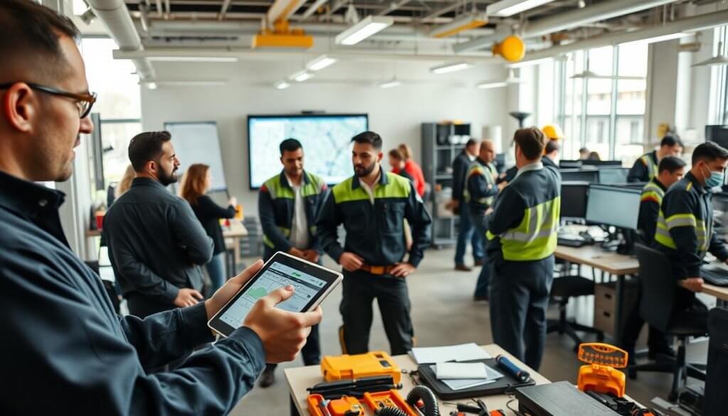 A busy field service management operation scene, showcasing a diverse group of professional technicians in smart casual attire engaging in dynamic activities. In the foreground, a technician uses a tablet to analyze routing data. In the middle ground, two technicians collaborate over a digital map displayed on a large screen, surrounded by service tools and equipment. The background features a busy office space with computers and communication devices. Bright, natural lighting floods the room, creating a vibrant yet focused atmosphere that conveys efficiency and teamwork. The angle offers a slightly elevated view, emphasizing the organized chaos of a productive work environment, capturing the essence of maximizing ROI through effective dispatch and technician utilization. A busy field service management operation scene, showcasing a diverse group of professional technicians in smart casual attire engaging in dynamic activities. In the foreground, a technician uses a tablet to analyze routing data. In the middle ground, two technicians collaborate over a digital map displayed on a large screen, surrounded by service tools and equipment. The background features a busy office space with computers and communication devices. Bright, natural lighting floods the room, creating a vibrant yet focused atmosphere that conveys efficiency and teamwork. The angle offers a slightly elevated view, emphasizing the organized chaos of a productive work environment, capturing the essence of maximizing ROI through effective dispatch and technician utilization.