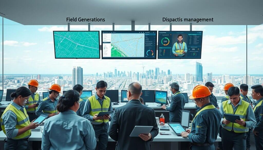 A busy field service management scenario illustrating effective dispatch and routing solutions. In the foreground, a diverse group of technicians in professional business attire are actively engaged with their tablets and laptops, surrounded by tools and equipment. The middle ground features a dispatch center with multiple monitors displaying real-time routing maps and technician locations, while a large screen shows analytics and performance metrics. In the background, an urban landscape with service vehicles and a skyline filled with office buildings under a clear blue sky. Soft diffused lighting to create an inviting atmosphere. The entire scene conveys efficiency, organization, and the importance of effective lead generation in field operations. A busy field service management scenario illustrating effective dispatch and routing solutions. In the foreground, a diverse group of technicians in professional business attire are actively engaged with their tablets and laptops, surrounded by tools and equipment. The middle ground features a dispatch center with multiple monitors displaying real-time routing maps and technician locations, while a large screen shows analytics and performance metrics. In the background, an urban landscape with service vehicles and a skyline filled with office buildings under a clear blue sky. Soft diffused lighting to create an inviting atmosphere. The entire scene conveys efficiency, organization, and the importance of effective lead generation in field operations.