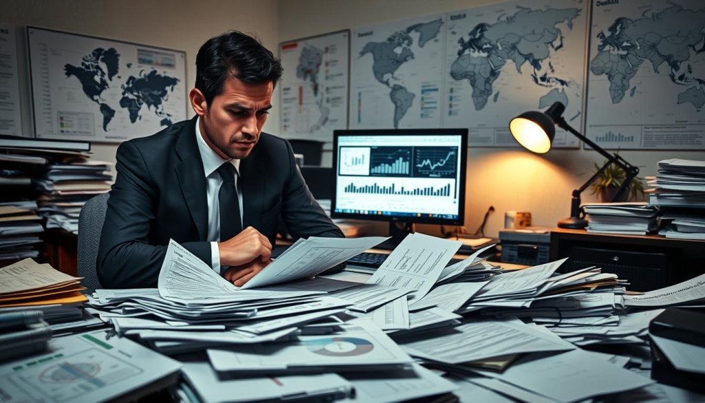A cluttered office environment symbolizing the challenges of lead generation in chemical exports. In the foreground, a frustrated business professional in business attire is reviewing a chaotic desk filled with paperwork, charts, and lists of potential distributors, displaying a sense of overwhelm. In the middle ground, a computer screen shows complex data analysis and graphs, emphasizing the analytical aspect of lead generation. The background depicts a wall with maps of India and various international markets, representing the global outreach needed. Dim lighting creates a tense atmosphere, with a single desk lamp illuminating the paperwork, casting soft shadows. The scene conveys the struggle of navigating the complexities of finding qualified distributors in the chemicals export industry.