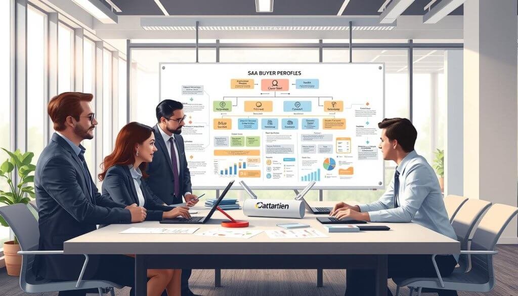 A conceptual illustration depicting SaaS buyer personas in a professional setting. In the foreground, a diverse group of three business professionals of different genders and ethnicities, dressed in business attire, engage in a strategic discussion around a large table covered with digital devices, charts, and graphs. The middle ground features a whiteboard filled with colorful diagrams illustrating ideal customer profiles and personas, showcasing a clear organizational structure. In the background, a modern office space with large windows allows natural light to flood in, creating a bright and inspiring atmosphere. The mood is collaborative and focused, with soft shadows and gentle highlights emphasizing the details in the scene, captured from a slightly elevated angle to provide depth.