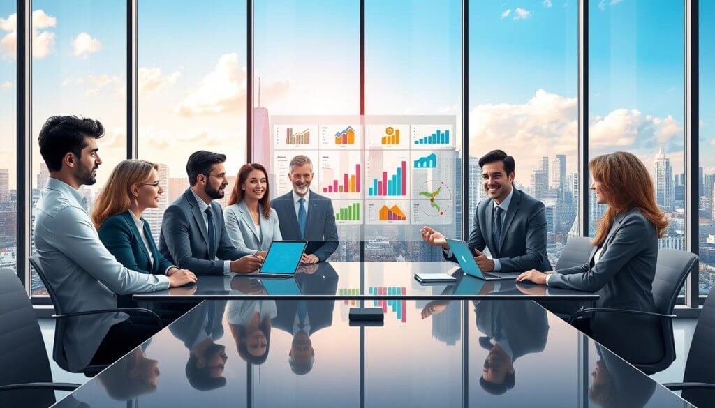 A conceptual illustration depicting a vertical SaaS strategy for business growth, set in a modern office environment. In the foreground, a diverse group of professionals in business attire is engaged in a dynamic discussion around a sleek conference table, referencing digital devices displaying data analytics. The middle layer highlights a clear glass board with colorful charts and industry-specific icons, symbolizing targeted market segments. In the background, large windows reveal a vibrant city skyline under a bright, well-lit sky, conveying optimism and opportunity. Use soft, natural lighting to enhance the professional atmosphere. The perspective is slightly elevated, showcasing everyone's expressions and active participation in the conversation, embodying collaboration and strategic decision-making. The overall mood is focused yet inspiring, emphasizing innovation and growth in the SaaS sector. A conceptual illustration depicting a vertical SaaS strategy for business growth, set in a modern office environment. In the foreground, a diverse group of professionals in business attire is engaged in a dynamic discussion around a sleek conference table, referencing digital devices displaying data analytics. The middle layer highlights a clear glass board with colorful charts and industry-specific icons, symbolizing targeted market segments. In the background, large windows reveal a vibrant city skyline under a bright, well-lit sky, conveying optimism and opportunity. Use soft, natural lighting to enhance the professional atmosphere. The perspective is slightly elevated, showcasing everyone's expressions and active participation in the conversation, embodying collaboration and strategic decision-making. The overall mood is focused yet inspiring, emphasizing innovation and growth in the SaaS sector.
