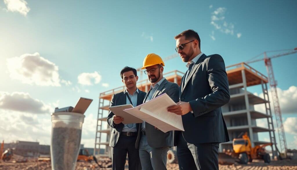 A construction site in the foreground featuring a diverse team of three professionals in business attire, reviewing field documentation on tablets and blueprints. In the middle, a construction manager oversees project execution, with various tools and machinery in use, showcasing an active and organized work environment. The background displays a partially completed building structure under a blue sky with fluffy clouds, emphasizing progress and collaboration. Soft, natural sunlight bathes the scene, creating a dynamic atmosphere that highlights productivity and teamwork. Shot from a slightly elevated angle to capture both the details of the foreground and the scope of the construction site, enhancing the focus on field operations and project evaluation tools. A construction site in the foreground featuring a diverse team of three professionals in business attire, reviewing field documentation on tablets and blueprints. In the middle, a construction manager oversees project execution, with various tools and machinery in use, showcasing an active and organized work environment. The background displays a partially completed building structure under a blue sky with fluffy clouds, emphasizing progress and collaboration. Soft, natural sunlight bathes the scene, creating a dynamic atmosphere that highlights productivity and teamwork. Shot from a slightly elevated angle to capture both the details of the foreground and the scope of the construction site, enhancing the focus on field operations and project evaluation tools.