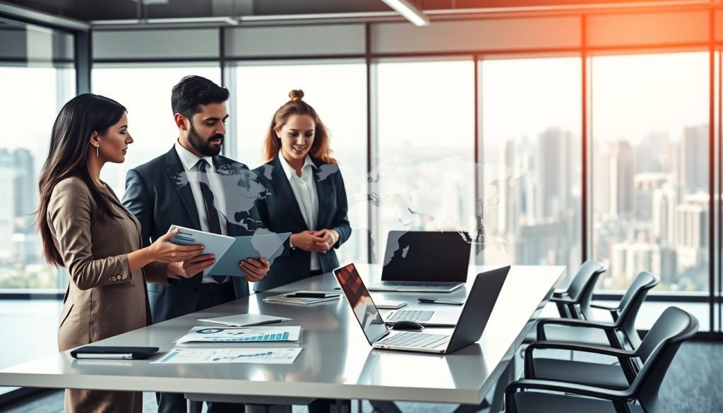 A corporate setting featuring a split visual representation of inbound and outbound growth strategies for a trading company. In the foreground, a diverse group of three professionals—two men and one woman—dressed in business attire, engaged in a dynamic discussion with charts and graphs on a digital tablet. The middle layer displays a sleek conference table with laptops, notes, and a world map highlighting global market connections. In the background, large windows reveal a bustling cityscape, symbolizing global trade. The lighting is bright and professional, emphasizing a productive atmosphere. Use a slight depth of field to focus on the group while softly blurring the background, creating an engaging and informative scene.